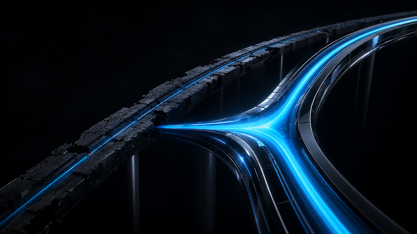 Continuous electric-blue stream transferring from a brittle dark conduit to a polished new pathway