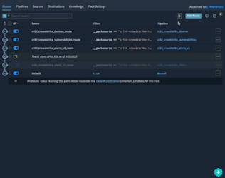A screenshot of a user interface displaying a list of routes and pipelines, including options for editing, filtering, and adding routes.