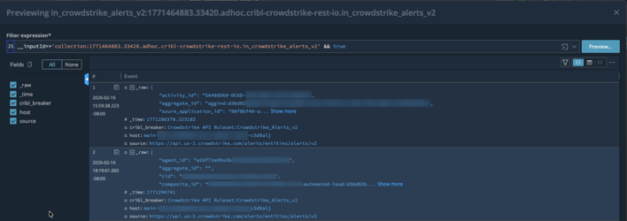 Preview of data in the CrowdStrike alerts database, showing a filter expression and various fields such as event time, activity ID, host information, and source details.