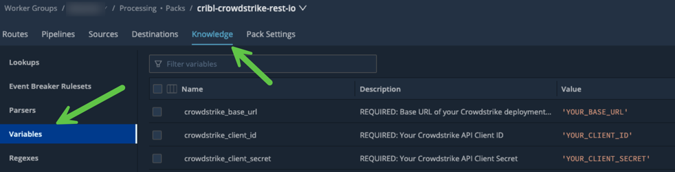 Screenshot of a user interface showing the 'Knowledge' section with highlighted variables for Crowdstrike integration, including base URL, client ID, and client secret.