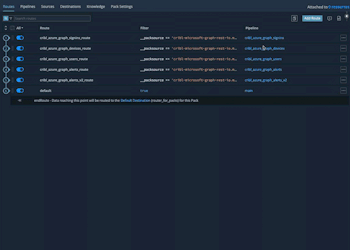 Screenshot of a user interface displaying routes, filters, and pipeline settings in a data processing application.
