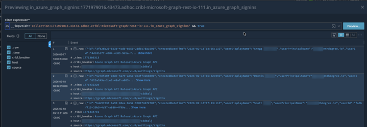 Screenshot of Azure Graph API sign-in preview, displaying filter expressions and event logs with user details and timestamps.