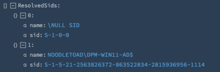 Code output showing resolved security identifiers (SIDs) including a NULL SID and a specific SID for a computer account.