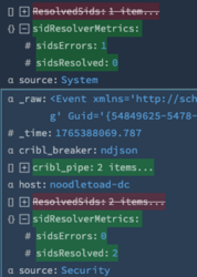 Screenshot of system and security logs displaying resolved SIDs, error metrics, and event details in a formatted text interface.