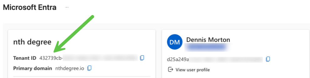 Screenshot of Microsoft Entra interface displaying tenant information for 'nth degree' including Tenant ID and primary domain, alongside user profile details for Dennis Morton.