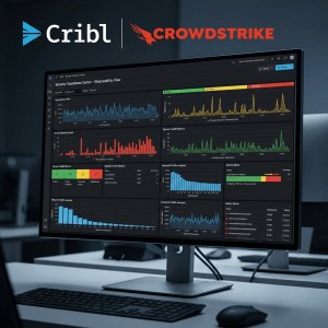 Computer screen displaying Cribl Security Operations Center dashboard with graphs and alerts from CrowdStrike integration