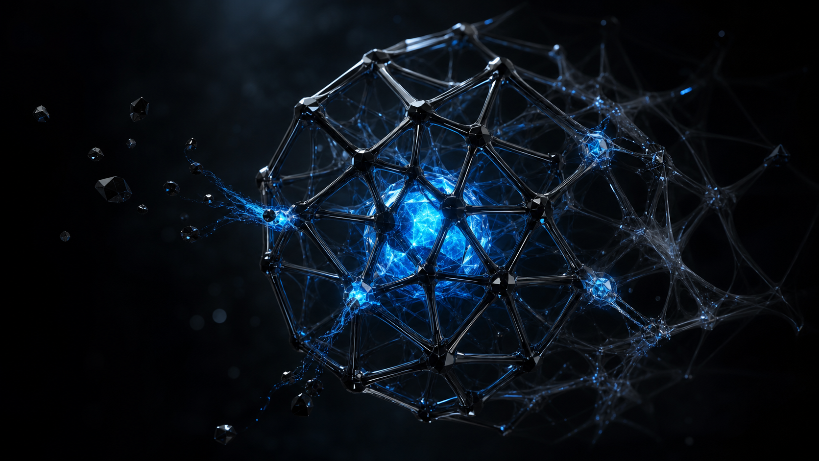 Black crystalline defensive lattice protecting a luminous electric-blue core