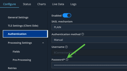 User interface for authentication configuration showing username and password fields with a green arrow indicating the password entry box.