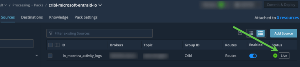 Dashboard view showing sources in a data processing application with highlighted 'Live' status indicator.