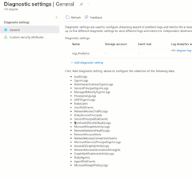 Screenshot of the 'Diagnostic settings' page in a cloud platform, displaying options for configuring data collection and various log types.