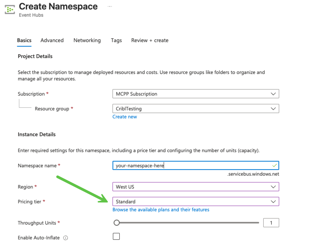 Screenshot of the 'Create Namespace' interface for Azure Event Hubs, displaying fields for project details, instance details, and options for namespace name, region, pricing tier, and throughput units.
