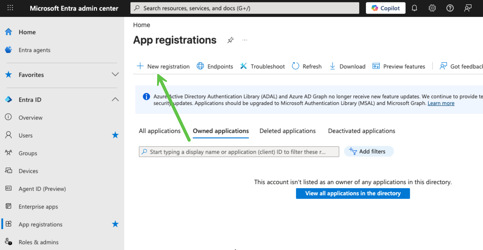 Screenshot of the Microsoft Entra admin center showing the App registrations page with options for new registration, endpoints, and various application categories.