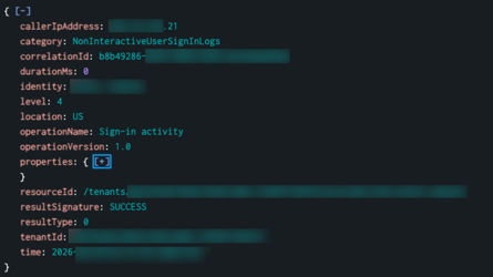 A log entry displaying user sign-in activity details, including fields such as caller IP address, category, correlation ID, duration, identity level, location, operation name, version, resource ID, result signature, result type, tenant ID, and timestamp.