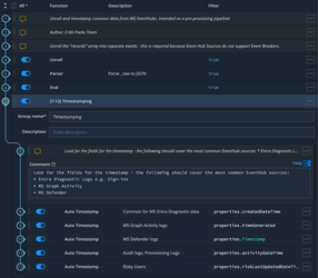 Screenshot of a software interface displaying a table for configuring timestamping settings, including fields for various event sources and their descriptions.